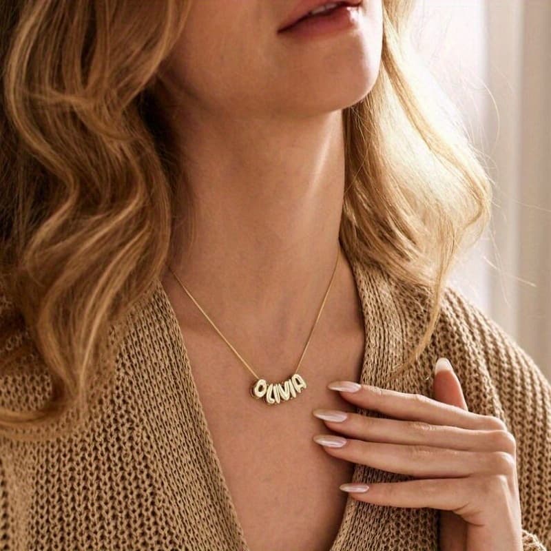 TEMU Personalized 3d Bubble Name Necklace - Custom Initials & Name With Bubble-style Letters, - Letters Suitable For Her Gift, Mothers Day Gift, Casual Attire, Necklace