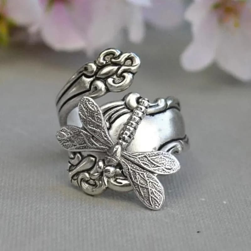 TEMU 1pc Vintage Bohemian Dragonfly Spoon Antique Silvery Open-end Ring, Perfect For Daily Wear, Holidays, Or As A Gift For Couples On Dates