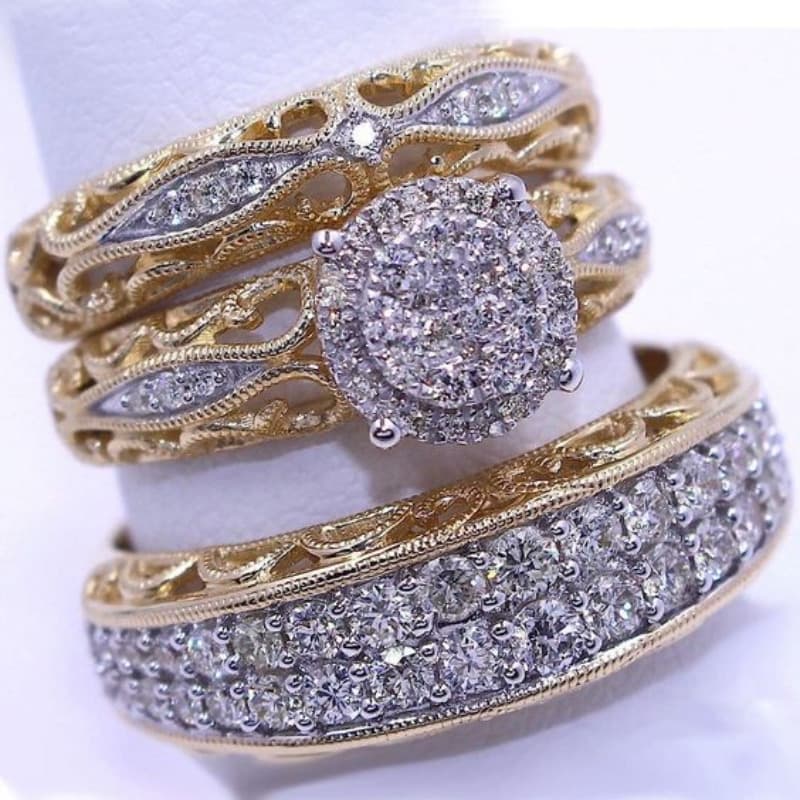 TEMU 3pcs Set Of Luxurious 14k Golden Plated Valentine's Day Jewelry Ring For Brides, Set With Sparkling Synthetic Zirconia Engagement Ring - Luxurious Design, Perfect For Weddings And Anniversaries