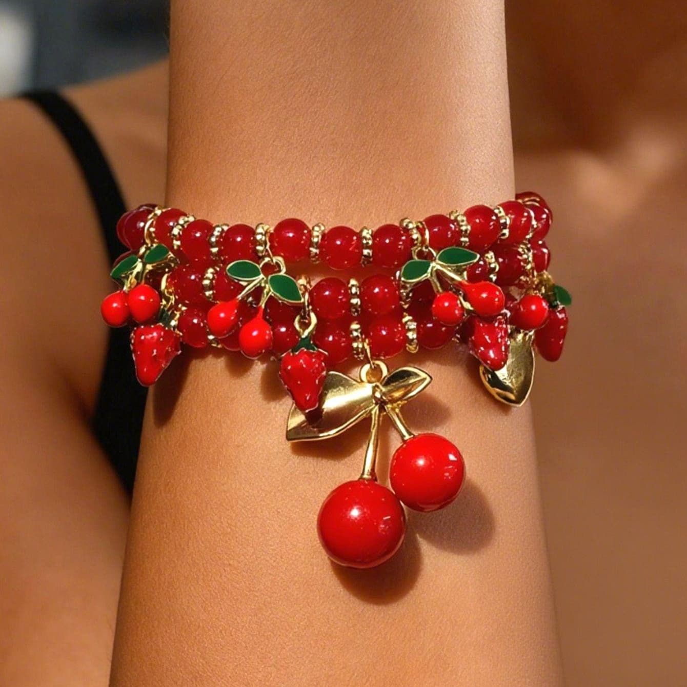 TEMU 3-pack Women's Bohemian Red Beaded Stretch Bracelet Set, Cherry Strawberry Heart Elements, For Daily Wear, Vacation, Parties, New Year Gift, Valentine's Day Gift