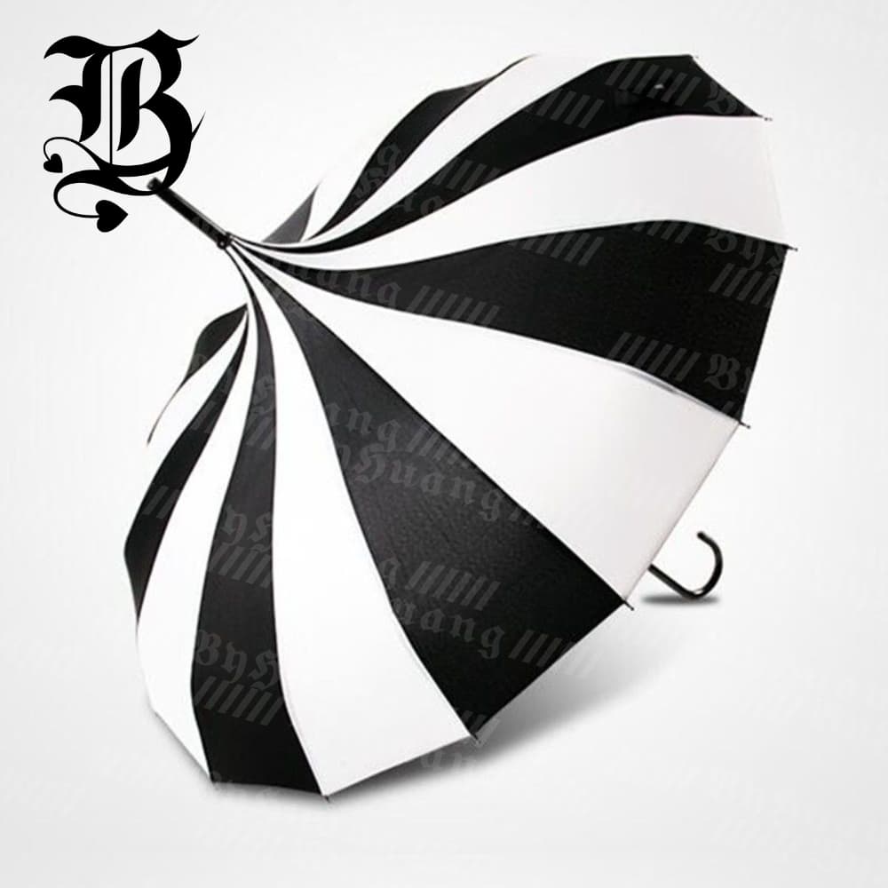 TEMU 16-bone Manual Open/close Gothic Pagoda Umbrella With Wood Frame & Striped Canopy - Long Handle Suitable For Wedding Photography, Korean , , Photo Shoots, Historical Events - Umbrella