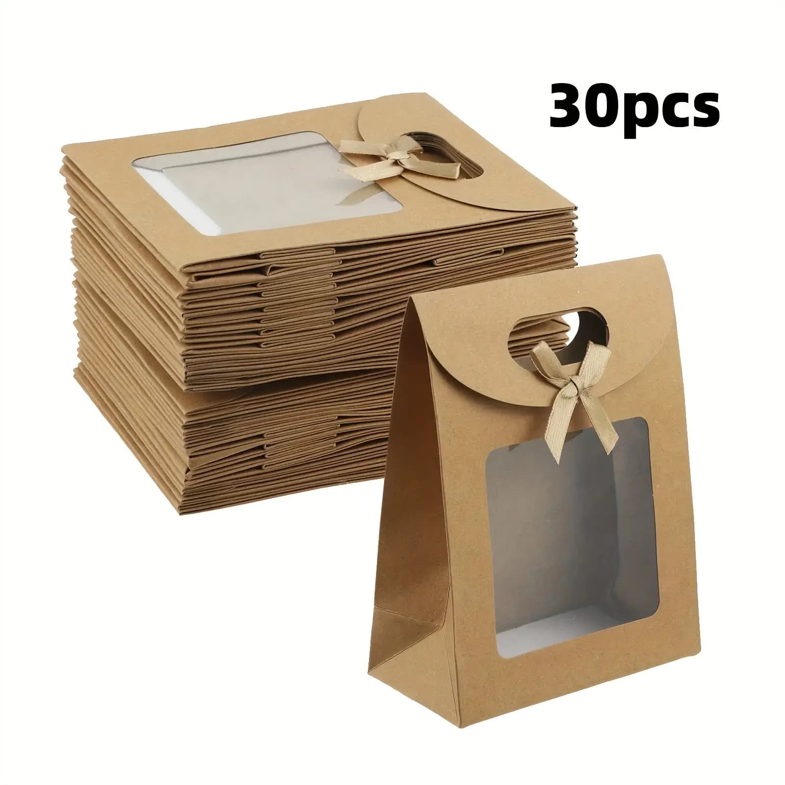 TEMU 30pcs Paper Gift Bags With Clear Window& Handle- Stand For Holiday Party Gift Packaging, Brown Paper Bags For Gifts, Gift Bags|brown Gift Bags|paper Gift Bags
