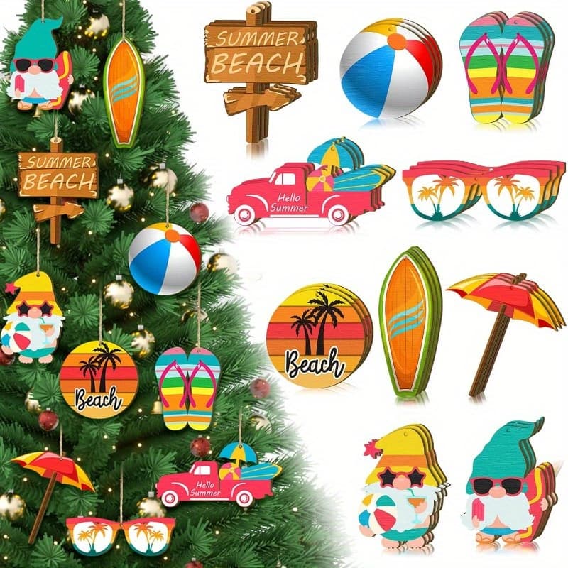 TEMU 20pcs Summer Beach-themed Artificial Wood Hanging Ornaments With String - Coastal Decor For Luau Hawaiian Parties, Indoor/outdoor Tree Decorations (surfboards, Flip-flops, Palm Trees)