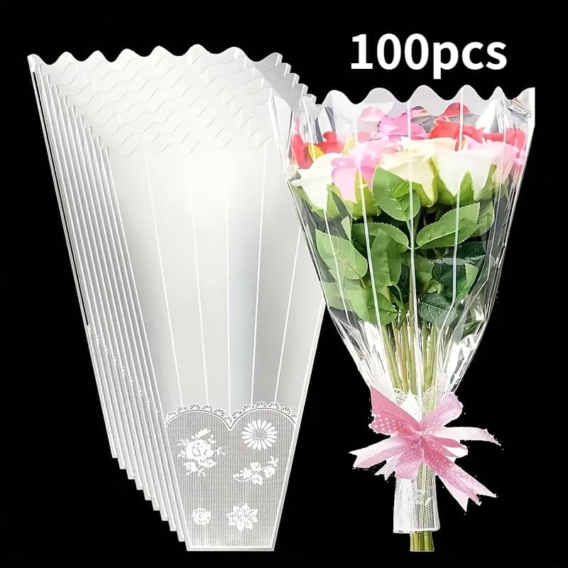 TEMU 100pcs Single Bags - Clear Flower Sleeves With Silver Lace Design - Disposable Floral Wrapping For Florists, Valentine's Day And Gifts