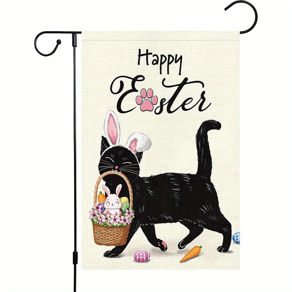 TEMU 1pc Easter Cute Cat Flag | Festival Theme Decorative Flag - Outdoor Courtyard Decoration - Black Cat Rabbit Ear Easter Basket - Decoration - Linen Material