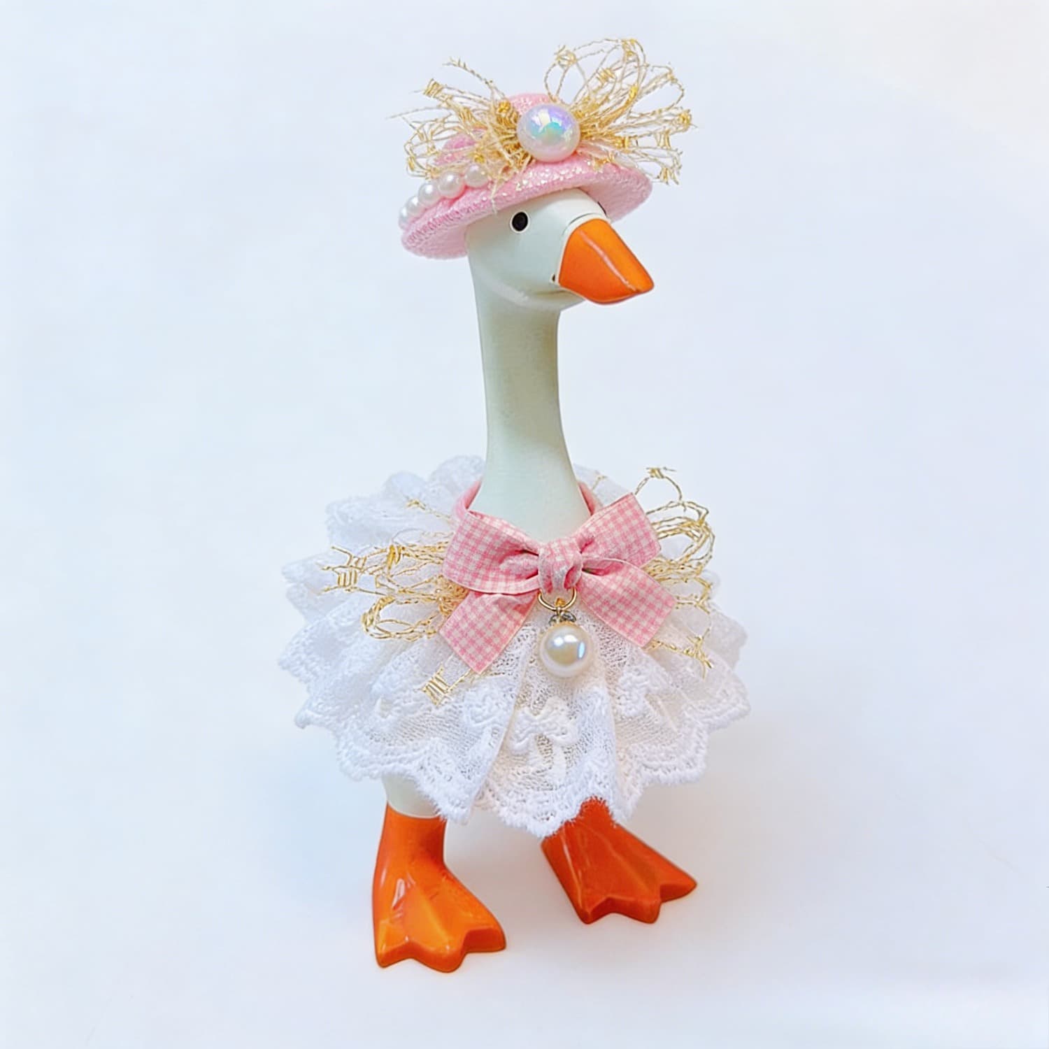 TEMU 7-inch Cute Desktop Goose Figurine, Pink With Lace Tutu Dress Pearl Hat, Mini Tabletop Decor, Excluding The Actual Goose Body