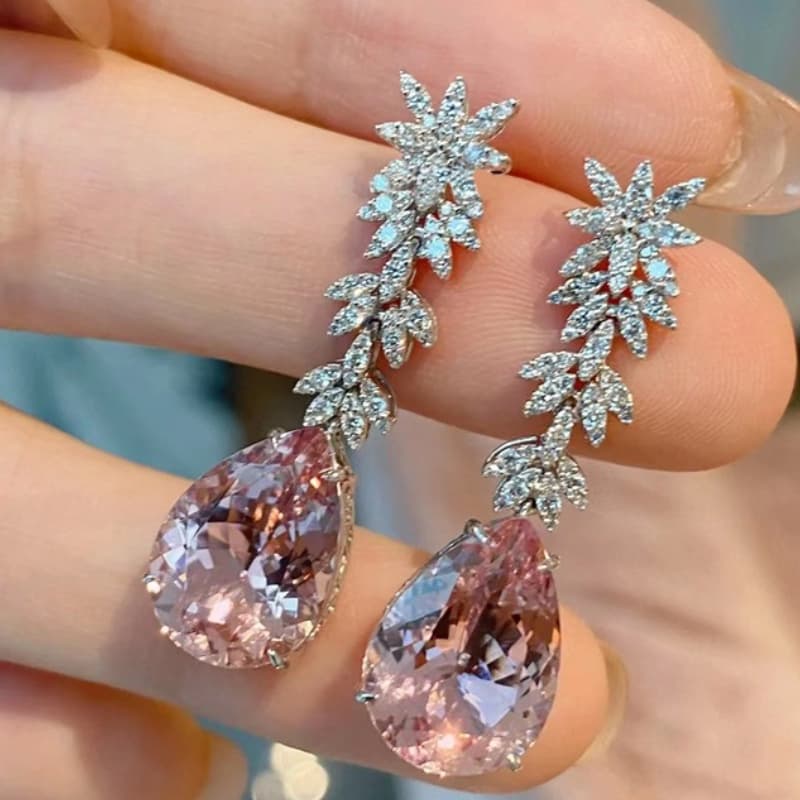 TEMU Luxury Inlay Pink Teardrop Dangle Earrings For Women Banquets Weddings Party Holidays Micro Pave Shiny Zirconia Leaf Dangle Earrings Elegant Jewelry Gifts For Lovers