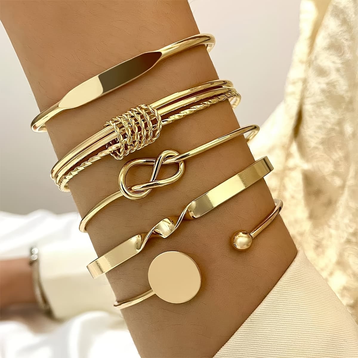 TEMU 18k Gold Plated 5pcs Stainless Steel Open Knot Bracelet Set Fashionable Versatile For Work/daily Wear Thoughtful Gift For High-quality Jewelry Set