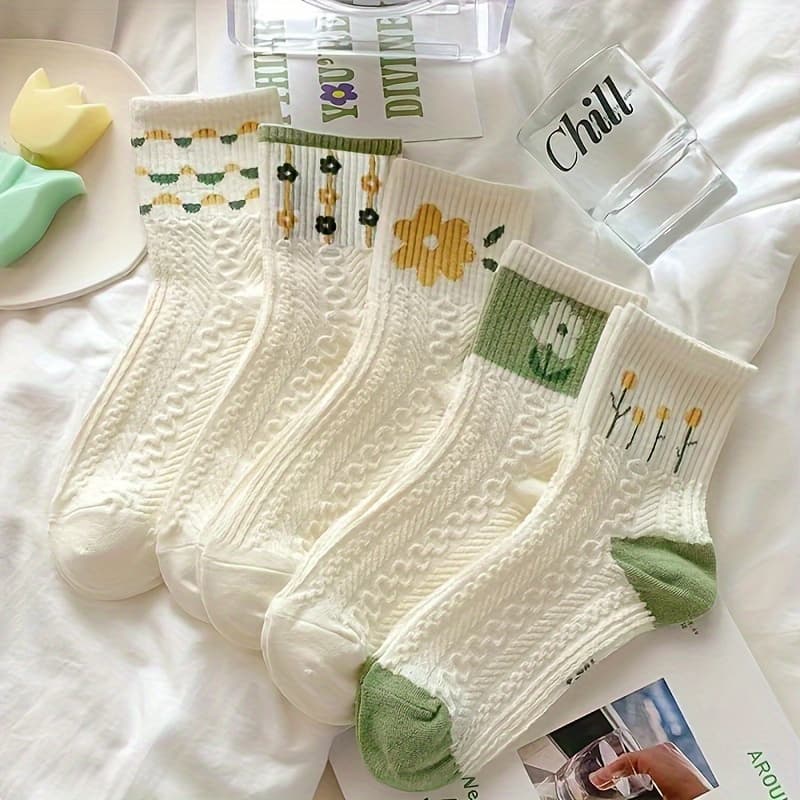 TEMU 5 Pairs Women's Pastel Mid-calf Socks - Plush Ribbed Edges, Yellow Daisy And Leaf Design, Light , Or Hand Wash, Adorable Socks With