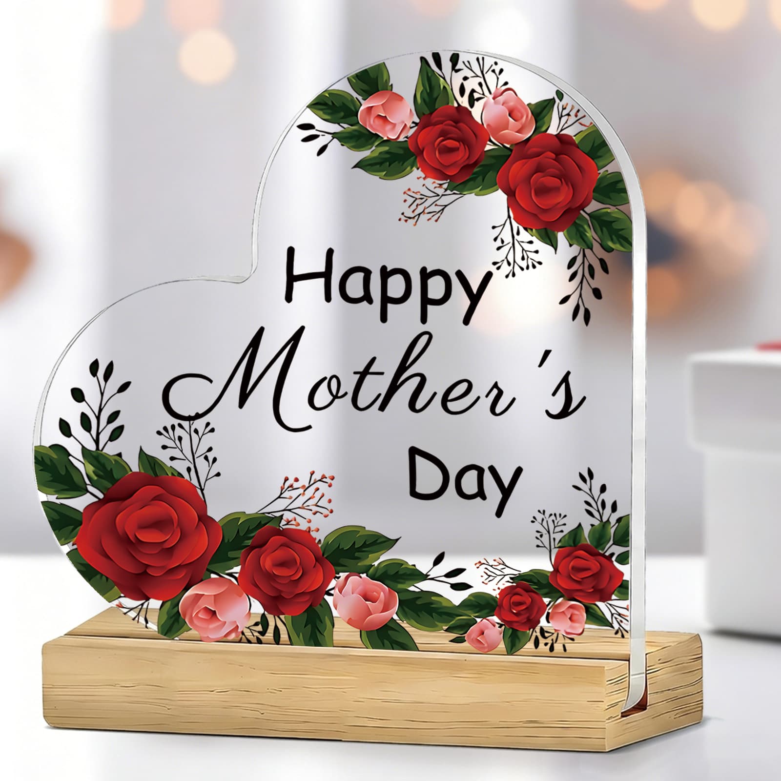 TEMU 2d Flat, 1pc Floral Happy Heart-shaped Acrylic Sign With Wooden Base, Flower Decor For Mom, Perfect Gift For Celebration, Desktop Ornament For Room Bedroom