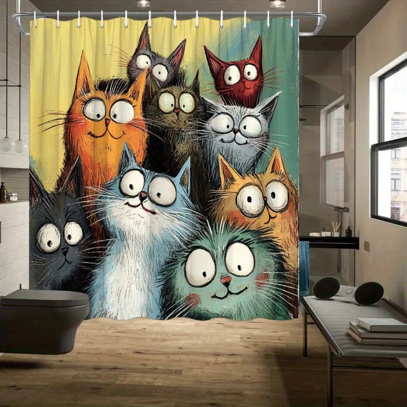 TEMU 1 Piece Of A And Funny Shower Curtain Featuring Cartoon Cats, Made From Colorful Polyester Fabric, Includes 12 Hooks, Measuring By Inches