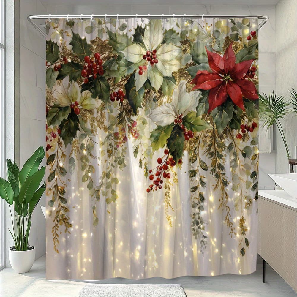 TEMU 1pc Christmas Shower Curtain Vibrant Polka Dot And With Twinkling Lights Polyester Fabric Bathroom Partition Curtain With 12 Hooks 70.8x70.8 Inch