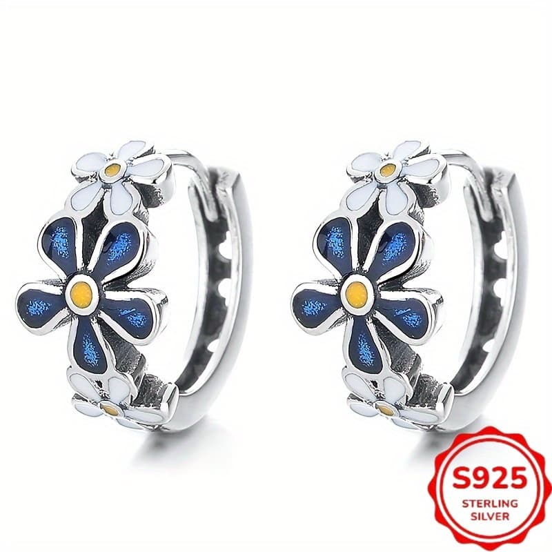 TEMU 1 Pair Of Retro Cute 925 Sterling Silvery Earrings With Blue Enamel , Suitable For Women' And Vacation Wear