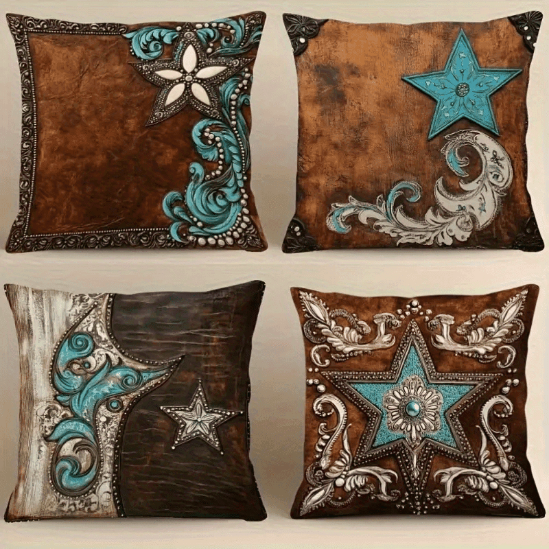 TEMU 4pcs Retro Teal Brown Floral Cushion Covers Suitable For Sofa Bed Chair - Single-sided Print Zippered Removable Cover, Vintage Botanical Decor For /outdoor Use, Hand Wash Only (no Insert)