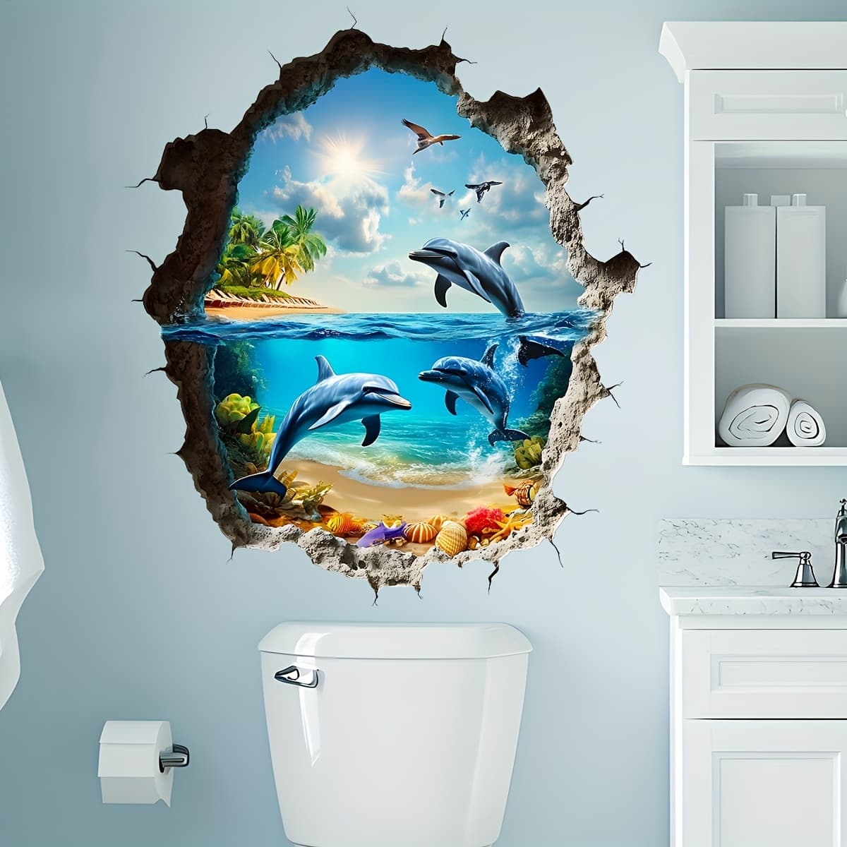 TEMU 1pc 3d Broken Wall Sticker | Pattern, Ocean , Peel And Stick, Self-adhesive Plastic, Reusable, , Contemporary Style
