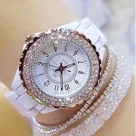 Geschenk für Frauen Quarz-Uhr Luxus elegante Diamant-Strass Analog-Quarz-Armbanduhr mit Armbandset wasserdicht Edelstahl Keramik Damen Quarz-Uhr