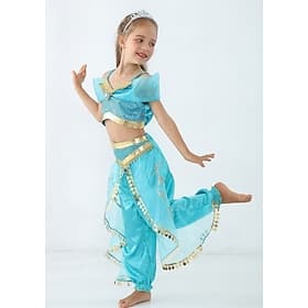 Disfraz de princesa Jasmine para niña, disfraz de cuento de hadas, disfraz de cosplay, fiesta temática, lentejuelas, poliéster, top y pantalones.