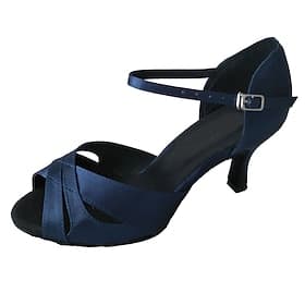 Women's Navy Blue Satin Latin Dance Shoes – Open-Toe Mid Heel Ballroom Sandals with Ankle Strap for Practice Performance