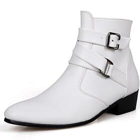 Men's White Buckle Ankle Boots - Sleek and Stylish Faux Leather Shoes for Formal Events, Parties, and Cosplay