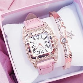 Quartz Watches Mother's Day Gift for women's Women Analog Diamond Watch Starry Square Dial Bracelet Set Ladies Leather Band Wristwatch Female Clock