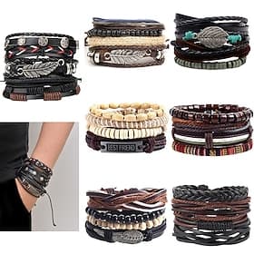 Men's 1PC Cuff Links Leather Bracelet Memory Wire Bracelets Gift Daily Classic Retro Punk Classic Black / Silver Red / Orange Light Brown