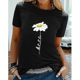 T-shirt en coton 100 % pour femmes tee noir blanc jaune graphique imprimé marguerite à manches courtes quotidien pour sortir basique col rond régulier floral S