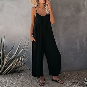 Women's Jumpsuits Casual Summer Solid Color V Neck Holiday Daily Going out Wide Leg Loose Fit Spaghetti Strap Khaki 3XL