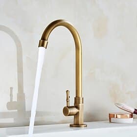 Traditional Kitchen Sink Faucet Cold Water Only, Retro Brass Single Handle Kitchen Tap Golden Electroplated Standard Spout