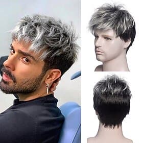 Men Short Straight Wig Heat Resistant Synthetic Wig for Male Fleeciness Realistic Natural Headgear Wigs Ombre Grey /Brown /Blonde