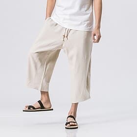 Men's Shorts Linen Shorts Summer Shorts Crop Beach Shorts Drawstring Elastic Waist Straight Leg Plain Comfort Breathable Calf-Length Sports Outdoor Casual Dail