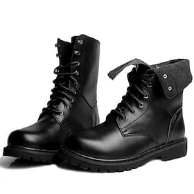 Men's Black Leather Combat Boots with Foldable Collar - Rugged Lace-Up Military Style Ankle Boots for Outdoor Wear