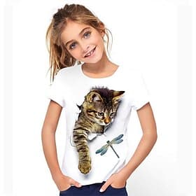 Chica 3D Graphic Animal Gato Camiseta Manga Corta Impresión 3D Activo Estilo lindo Niños 3-12 años
