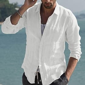 Men's Shirt Linen Shirt Summer Shirt Beach Wear Button Up Shirt Solid Color Vacation Curise Black White Pink Navy Blue Long Sleeve Collar Spring Summer Clothi