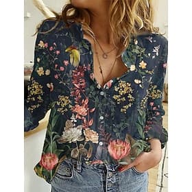 Women's Shirt Button Down Tunic Shirt Collar Long Sleeve Hawaiian Graphic Floral Print Daily Weekend Tropical Vintage Regular Floral Holiday Clothes Black Pink
