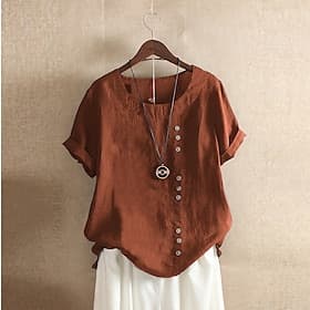 Women's 100% Cotton Shirt Patchwork Casual Daily Weekend Solid Casual Linen Like Short Sleeve Crew Neck Round Neck White Summer Spring
