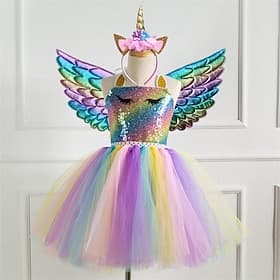 Robe licorne, ailes, bandeau, arc-en-ciel, coloré, fête, tutu, robes, filles, film, cosplay, danse, moulante, vacances, argent, violet, or, robe, ailes, coiffe