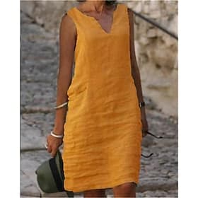 Women's Midi Dress Shift Dress Sundress Cotton Linen Dresses Casual Dress Basic Casual Daily Vacation Going out Regular Fit Pure Color Sleeveless Split Neck Bl