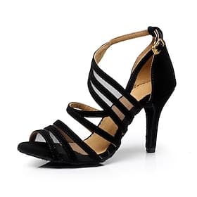 Women's Latin Dance Shoes Ballroom Dance Shoes Salsa Shoes Line Dance Practice Satin Sandal Tulle High Heel Buckle Ankle Strap Black