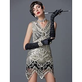 Anni Ruggenti Anni 1920 Mini Vestito Abito Flapper Abito per Festa di Natale Senza maniche Il grande Gatsby Charleston Scollo a V Costume Per donna Balli di fi