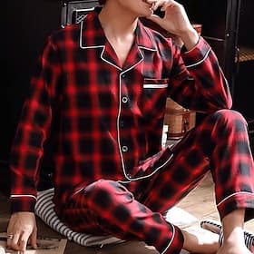 Hombre Pijamas Ropa de salón Conjuntos Pijama Cuadrícula / Cuadros Moda Sencillo Confort Hogar Cama Algodón Diseño Manga Larga Pantalón Primavera Otoño Azul Pi