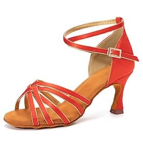 talons de danse à lanières en satin rouge pour femmes – chaussures de salsa de salon à bout ouvert avec brides de cheville réglables et semelle en daim pour la