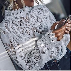 Women's Shirt Blouse Black White Plain See Through Long Sleeve Casual Daily Round Neck S