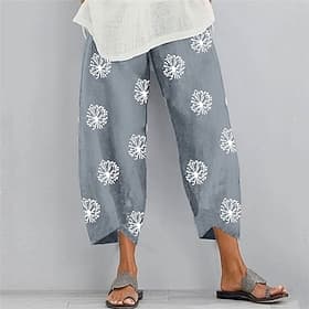 Women's Normal Faux Cotton Linen Chinos Slacks Summer Pants Basic Casual / Sporty Ankle-Length Mid Waist Graphic Prints Dandelion Pocket Baggy Print Comfort In