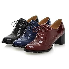 Women's Navy Blue Patent Leather Oxford Shoes – Chunky Heel Brogue Lace-Up Dress Shoes for Office, Vintage Style Formal Occasions