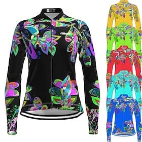 Dames Wielrenshirt Flora Botanisch Lange mouw Fietsen Kleding Bovenlichaam met 3 achterzakken Bergracen Wegwielrennen Sneldrogend Reflecterende strips Achterza
