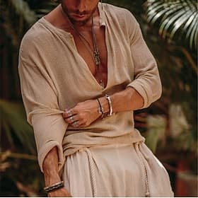 Herren Hemd leinenhemd Wikinger-Stil Sommerhemd Strandbekleidung Feste Farbe Outdoor Strasse Grün Beige Langarm V Ausschnitt Sommer Frühling Bekleidung