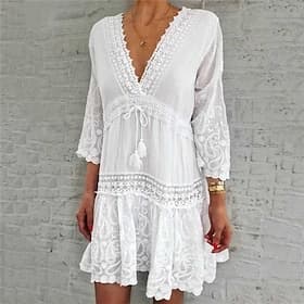 Women's Mini Dress White Lace Dress Shift Dress Vacation Stylish Classic Holiday Regular Fit Floral Pure Color 3/4 Length Sleeve V Neck Blue Black White Pink S