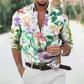Men's Floral Tropical Flowers Shirt Summer Hawaiian Shirt Aloha Shirt Long Sleeve Shirt Turndown Fashion Designer Casual Vacation Daily Holiday Light Green Lig