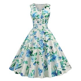 1950er Retro Vintage Midlänge Kleid Partykostüm Ärmellose Kleider Normal Ärmellos Gerüscht Blumen Tailliert und ausgestellt Schaukel V Ausschnitt Kostüm Damen