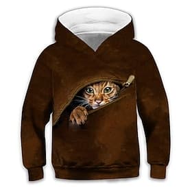 Kinder Jungen Kapuzenshirt Langarm Braun 3D-Druck Katze Tier Tasche Täglich Innen Outdoor Aktiv Modisch Täglich Sport 3-12 Jahre